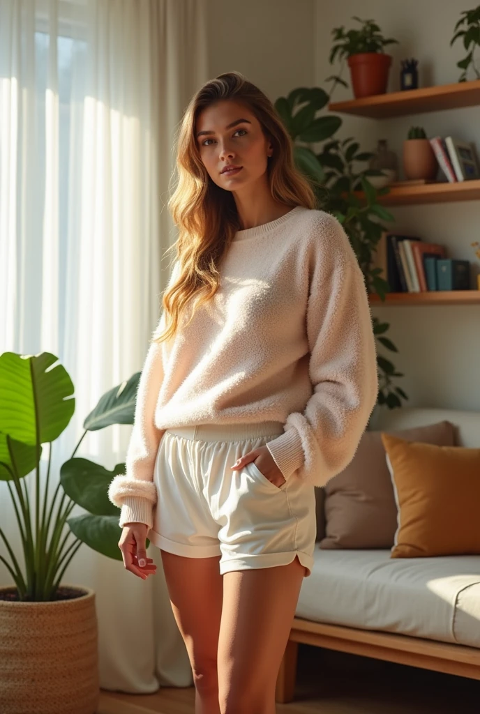 Woman standing up wearing cycling shorts and sweater as loungewear and sleepwear at home