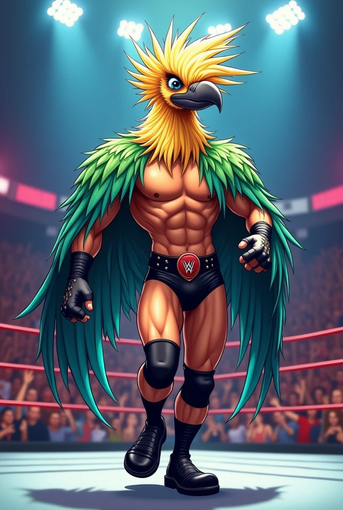 Cartoon vulture dressed like WWE wrestler Greg the hammer Valentine, with a feathered body, long blond hair, black underwear, bare legs, and black boots
