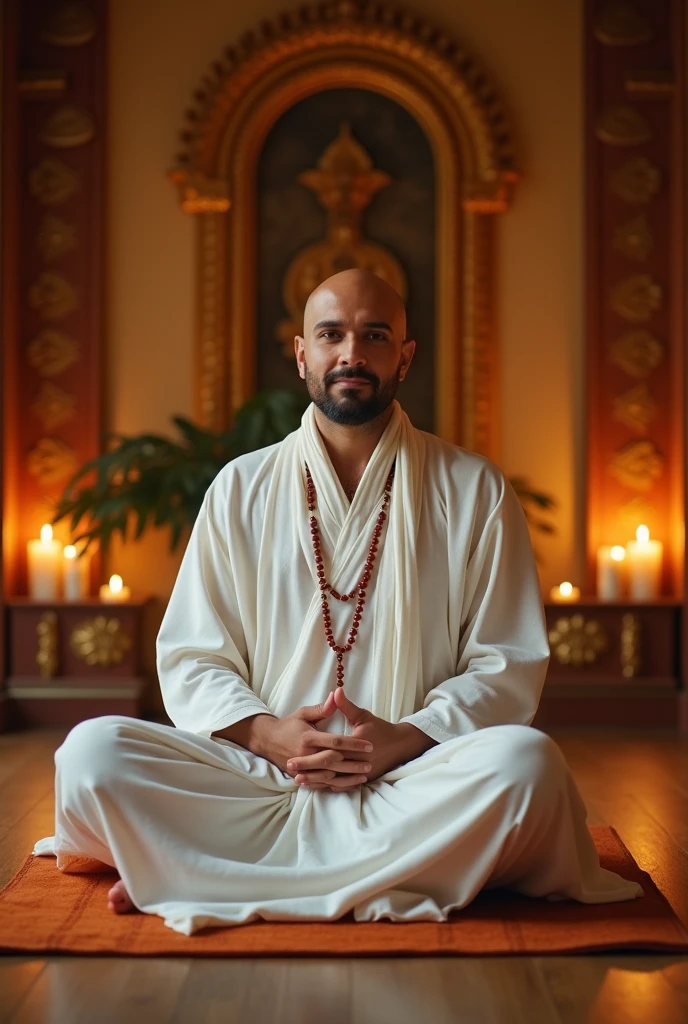 man in white with eyes closed extending his hands over another person who is sitting reflecting
