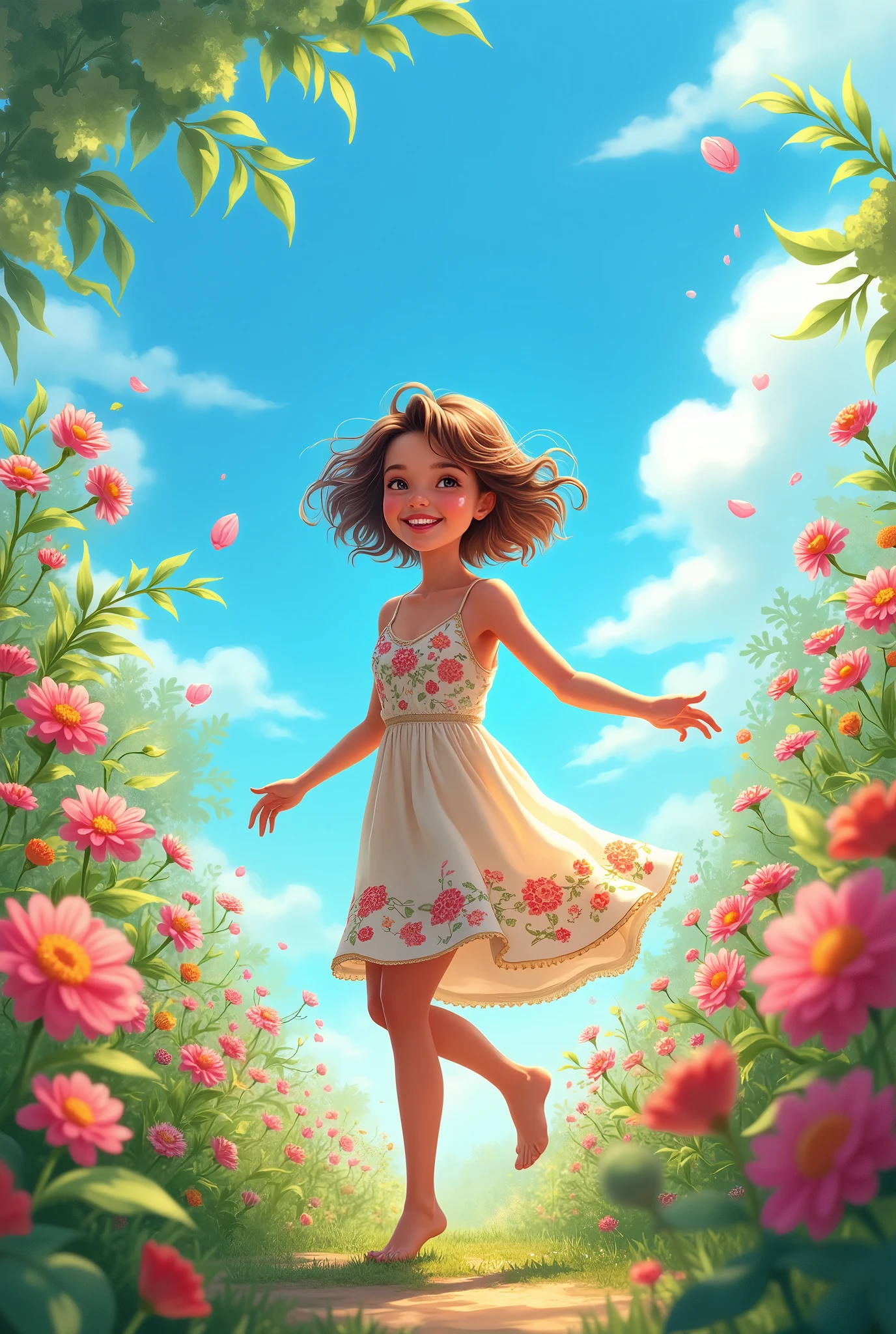 masterpiece, best quality, absurdres, perfect antomy, 1girl, solo, PascalTales, short hair, beautiful, cheerful, sunny day, botanical garden, summer breeze, sundress, floral pattern, wavy hair, smiling