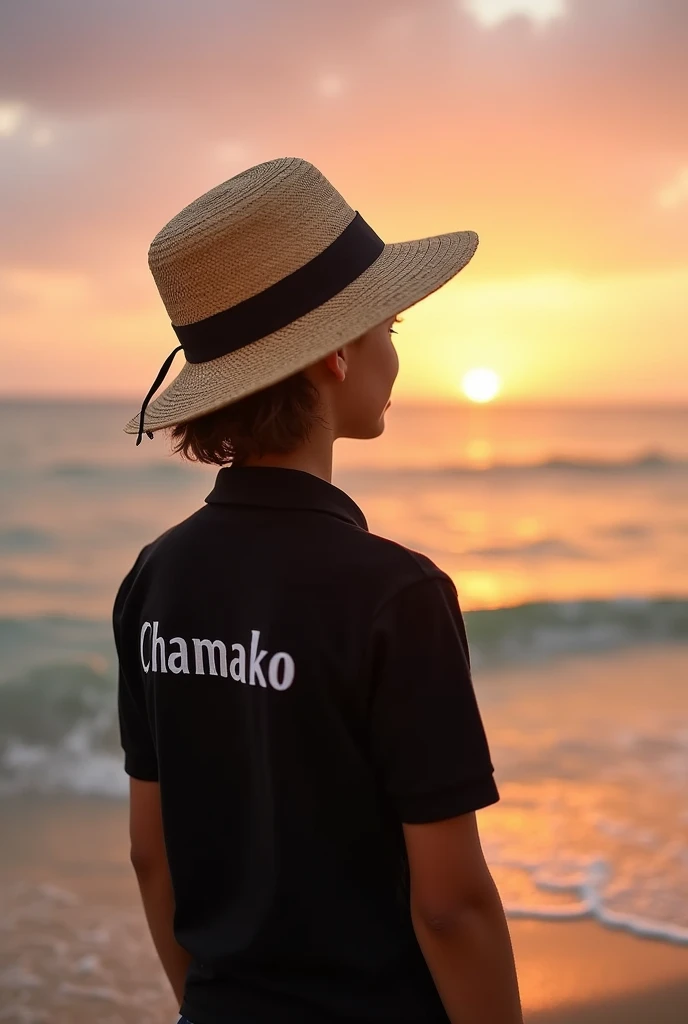 A photo of a 17-year-old boy in the straw hat, with a sunset looking towards the sea, with a black polo that says chamako on the back, and a flat black LA brand cap