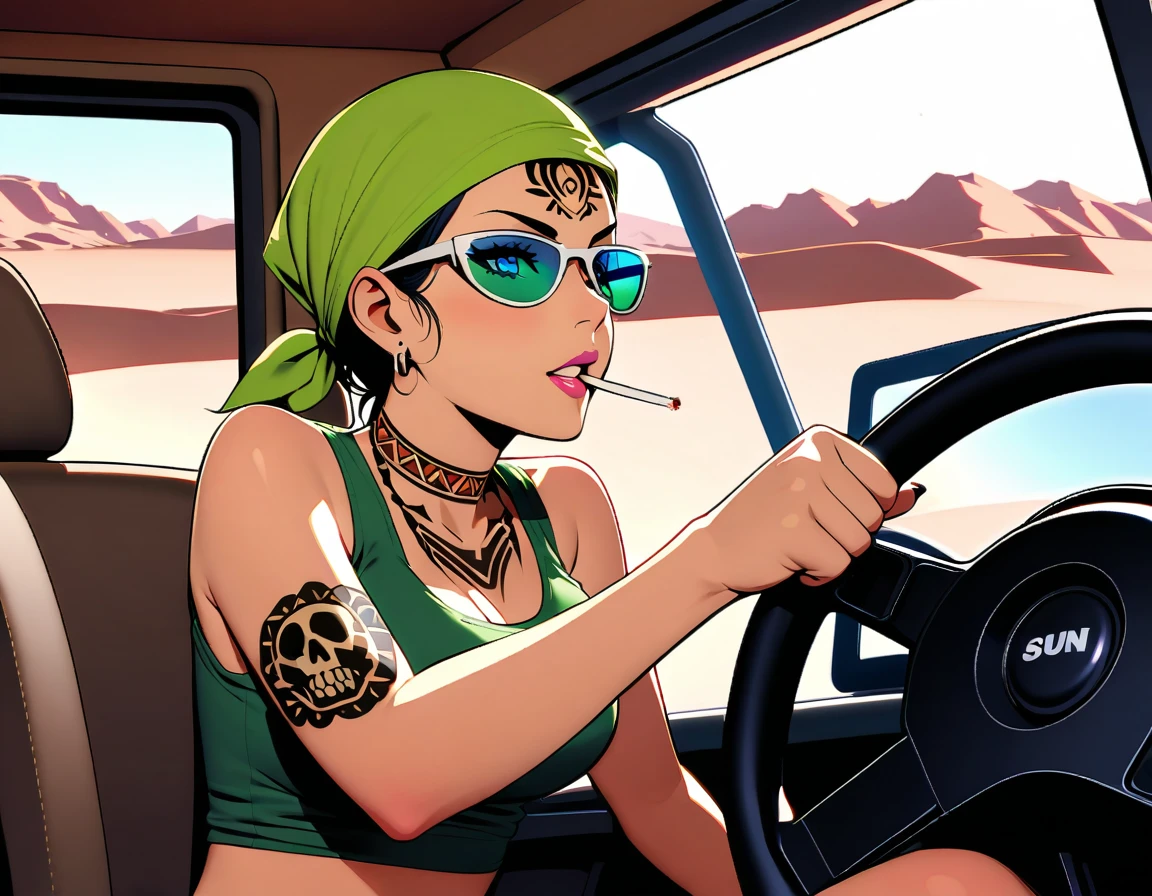 A confident veteran female truck driver, Wild bitch MILF, sits solo in the driver's seat of a massive rig, moving through Arizona's white wilderness. Framed by the truck's rugged body and flashy decorations, she's dressed in a worn moss green tank top, black tribal tattoos from neck to shoulders, and a Bandana with a skull pirate mark on her forehead. Mirrored sunglasses perch lightly atop the bandana, reflecting the sun's glare as her clear blue eyes narrow against its intensity. With one hand gripping the wheel, she gives a thumbs-up through the left window, a cigarette dangling in her mouth as she exudes an air of arrogance and self-assurance.