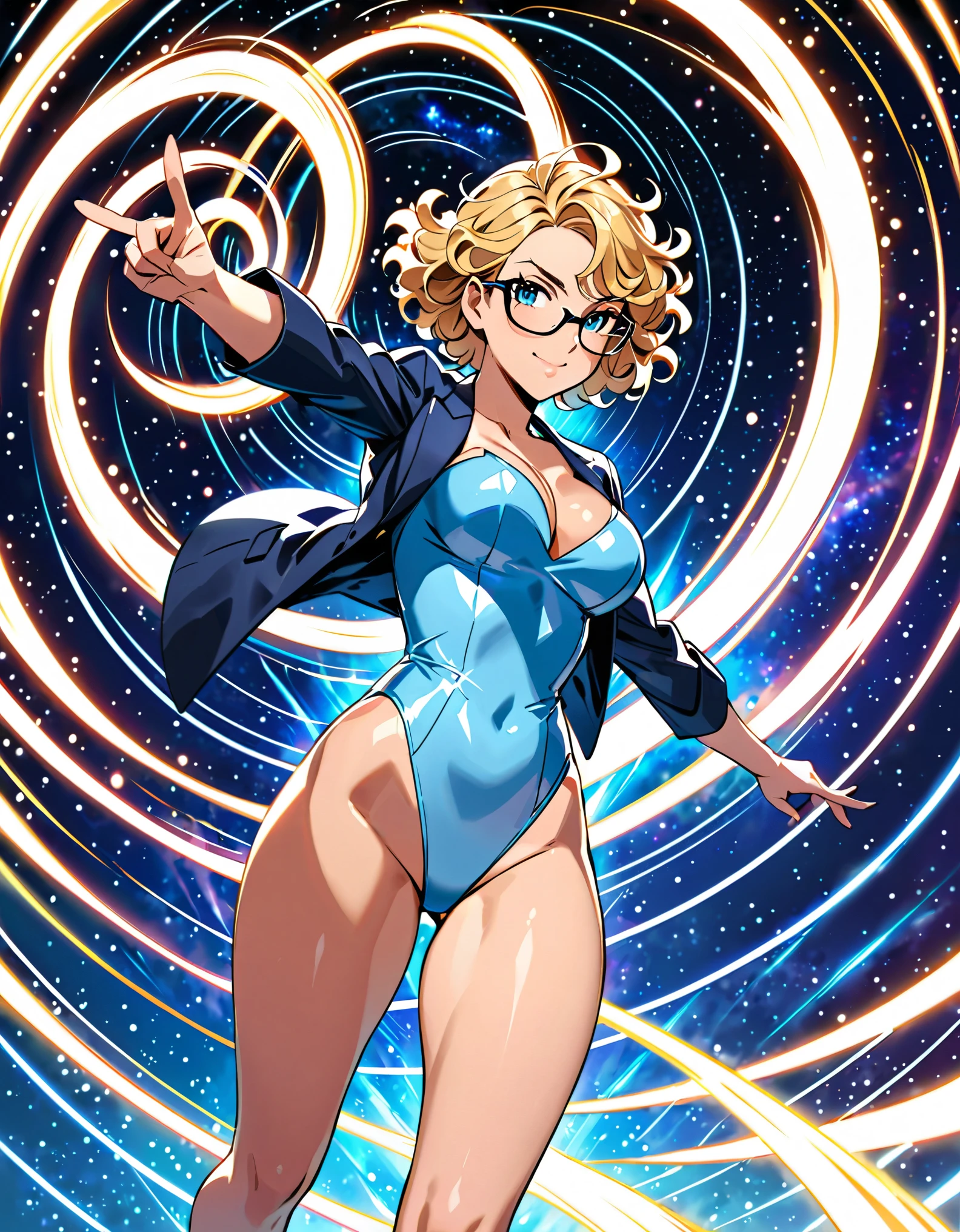 (masterpiece), (best quality), (high res), 1girl, finger proportions coordination, only five fingers, medium breasts, ((leotard, light blue leotard)), dark blue suit jacket, open jacket, white shirt, bare legs, glasses, black shoes, solo, single, rear view, full body shot, cowboy shot, superhero, beautiful detailed eyes, beautiful detailed face, blonde hair, (short hair), wavy hair, mature lady, teacher, perfect body, space backdrop, (fast spin, dynamic whirlpose, spins fast in place like a tornado, whirls fast in place like a tornado, tornado whirling, spiral lines around her, speed lines around her, spinning energy pulse around her, storm winds around her, whirls into a tornado, (she whirls) at (super speeds)). full body costume design. curved sword slash. she super-spins, whirlwind, light particles.