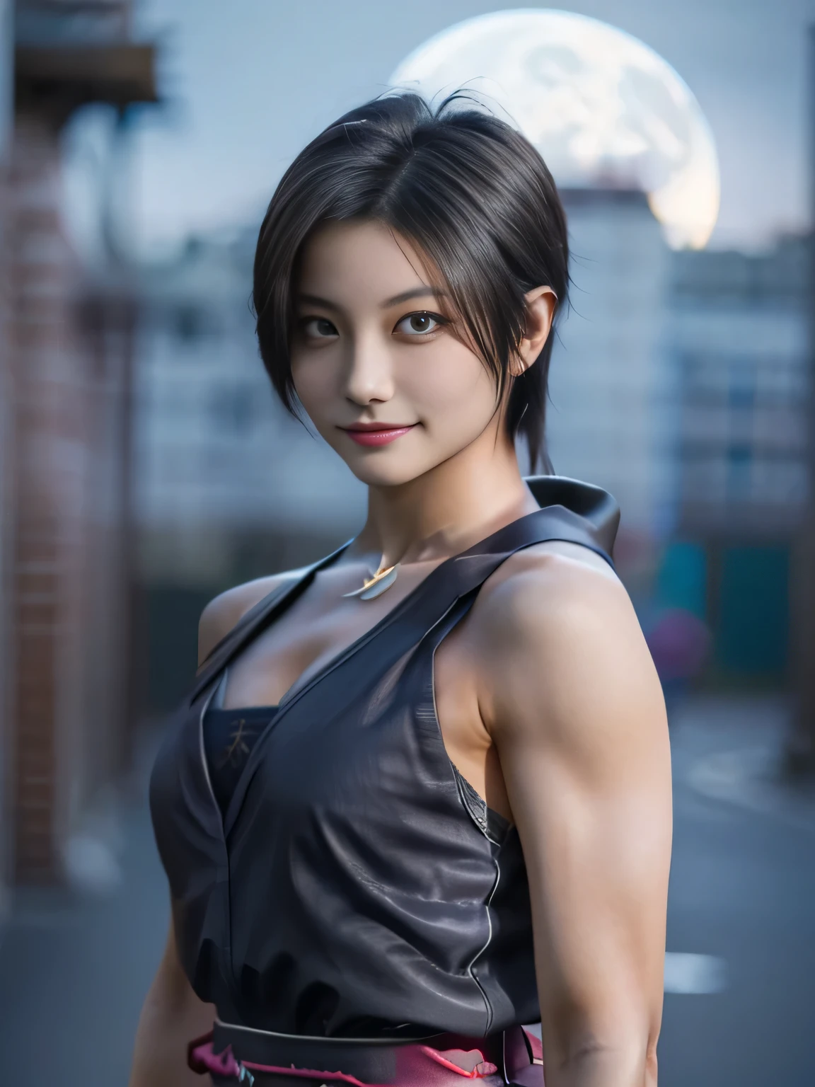 20 year old Japanese beauty,One woman、Muscular body like a bodybuilder、Emphasize the breasts、Slit eyes、A head-to-toe view,Bust is very very large、Full moon night in the background、High quality photos、Clear, crisp images of the lower body、Masterpiece 8k、Smiling、Throwing a shuriken with the right hand、From the front, from the side, from the back, etc.々from what camera angle to shoot、A ninja costume of purplish-red color