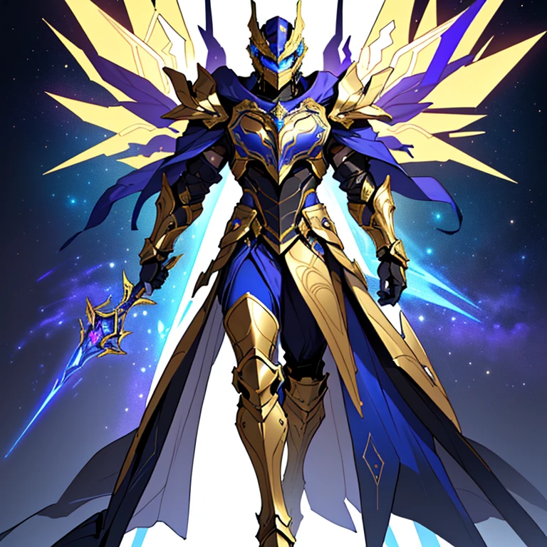 Focus on the Helmet: The image presents a male warrior in futuristic armor, with special emphasis on the helmet as a crucial element. The helmet fully encloses the head, featuring a sleek design with a golden metallic finish and a glowing blue visor.

Armor Design: The armor is cohesive, blending golden and dark metallic blue elements with a powerful and majestic look. The chest plate has a glowing gem in the center, adding a mystical touch.

Pauldrons and Arm Guards: Large, wing-like shoulder pads extend outward, polished in gold. The arm guards are sleek, combining gold and purple for flexibility and protection.

Leg Armor: The segmented leg armor in gold and purple is sturdy, with angular boots that convey strength and agility.

Background: The warrior stands against a dark cosmic backdrop, with dynamic lighting that emphasizes the glowing visor and central chest gem, highlighting the armor's imposing presence