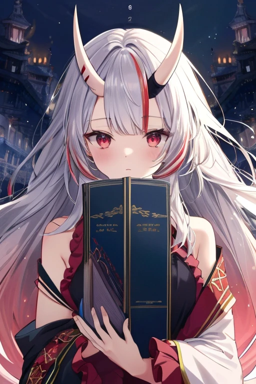 8k, Highest quality, Manga style, View your viewers, Intricate details,One person, Nakiri Ayame, ２Demon horns in the book, Multicolored Hair, Long Hair, Red eyes, Gray Hair,