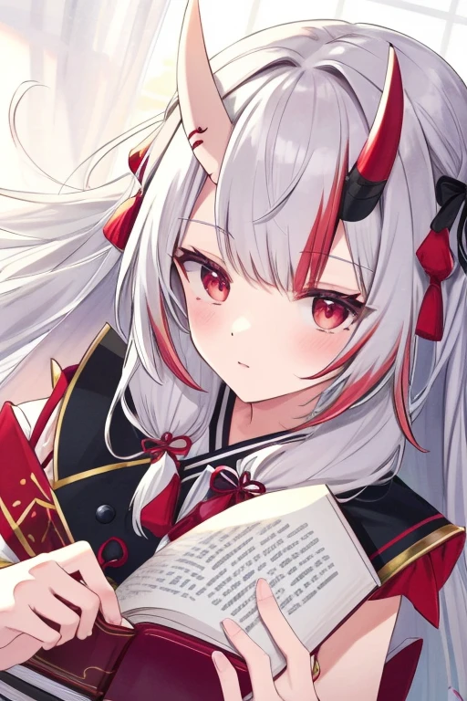 8k, Highest quality, Manga style, View your viewers, Intricate details,One person, Nakiri Ayame, 2Demon horns in the book, Multicolored Hair, Long Hair, Red eyes, Gray Hair,