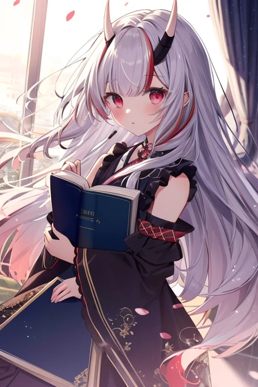 8k, Highest quality, Manga style, View your viewers, Intricate details,One person, Nakiri Ayame, 2Demon horns in the book, Multicolored Hair, Long Hair, Red eyes, Gray Hair,