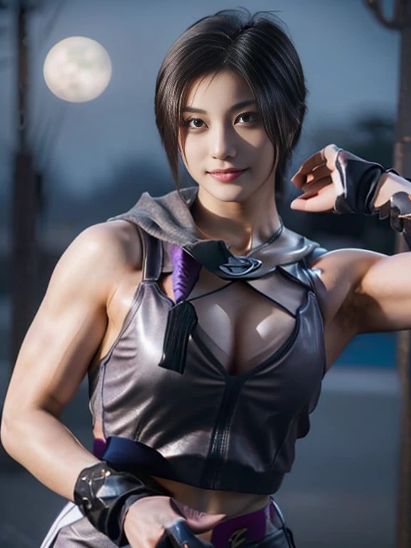 20 year old Japanese beauty,One woman、Muscular body like a bodybuilder、Emphasize the breasts、Slit eyes、A head-to-toe view,Bust is very very large、Full moon night in the background、High quality photos、Clear, crisp images of the lower body、Masterpiece 8k、Smiling、Throwing a shuriken with the right hand、From the front, from the side, from the back, etc.々from what camera angle to shoot、A ninja costume of purplish-red color
