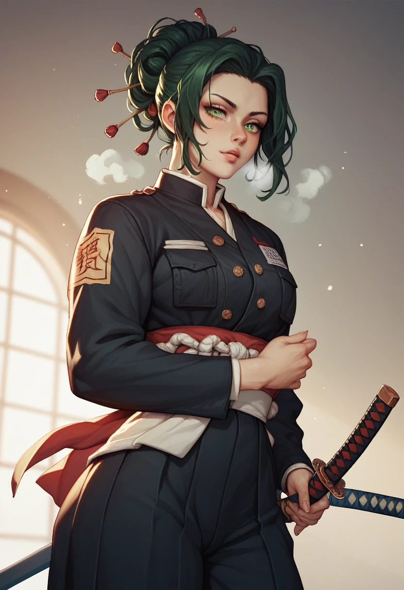 girl, Demon Slayer uniform, Detailed. Breathing style: Lanterns. Unusual hair, skin defect. katana. Tall