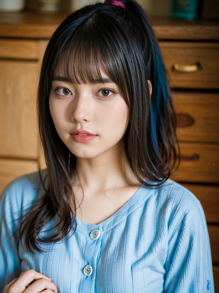 (masterpiece), (Highest quality), (Super detailed),(Disheveled Hair),(figure), (One person), (Fashionable clothes), Are standing, Fashion Model, View your viewers, (interview), (Simple Background),Beautiful attention to detail, Delicate and beautiful face, floating,(High saturation),(Colorful splashes),Colorful Bubbles,(The Shining), Focus on the face,  ponytail, kamisato ayaka, Light blue hair, bangs, Hair Ring, Floating Flowers, Floating hair, (The Shining), Best lighting, Best Shadow,