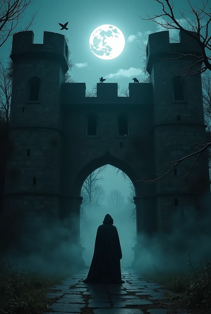 A silhouette of a person exploring a mysterious abandoned castle at night, with the full moon in the sky