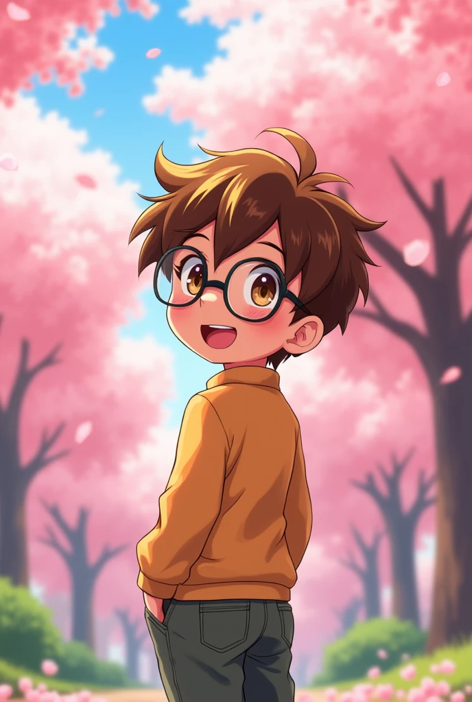 sweet boy, Light brown complexion, short brown hair with blonde highlights, Amber eyes, adolescent, with glasses, anime style

