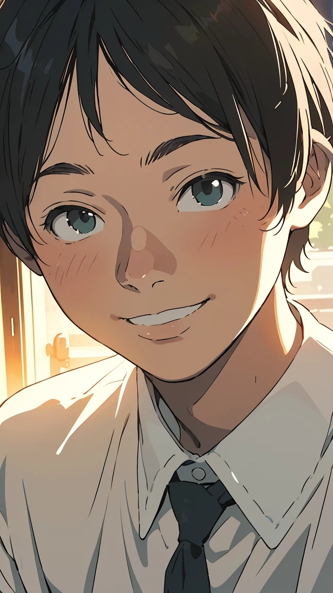 ((Short hair, short hair)) uniform, boy 1, 1 person, very beautiful, best quality, great quality, curated, shape, very detailed, anime coloring, very detailed, official art, warm tones, sun flare, soft shadows, vibrant colors, very detailed, official art, facial expression pattern, smile,