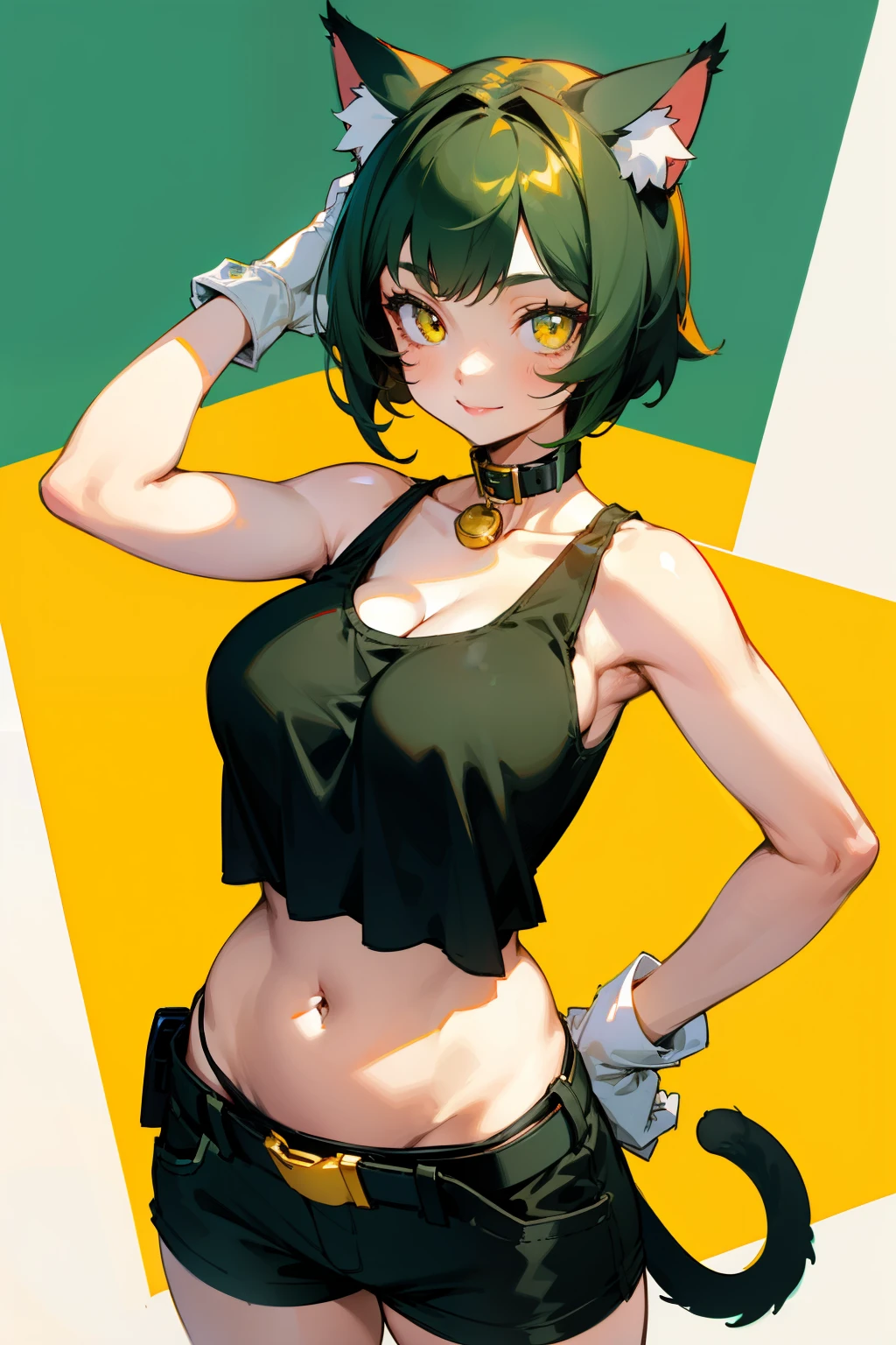 Cute girl, short dark green hair, yellow eyes, cat ears, smiling, cat collar, cat tail, large breasts, tank top, exposed belly, short pants, belt, white gloves