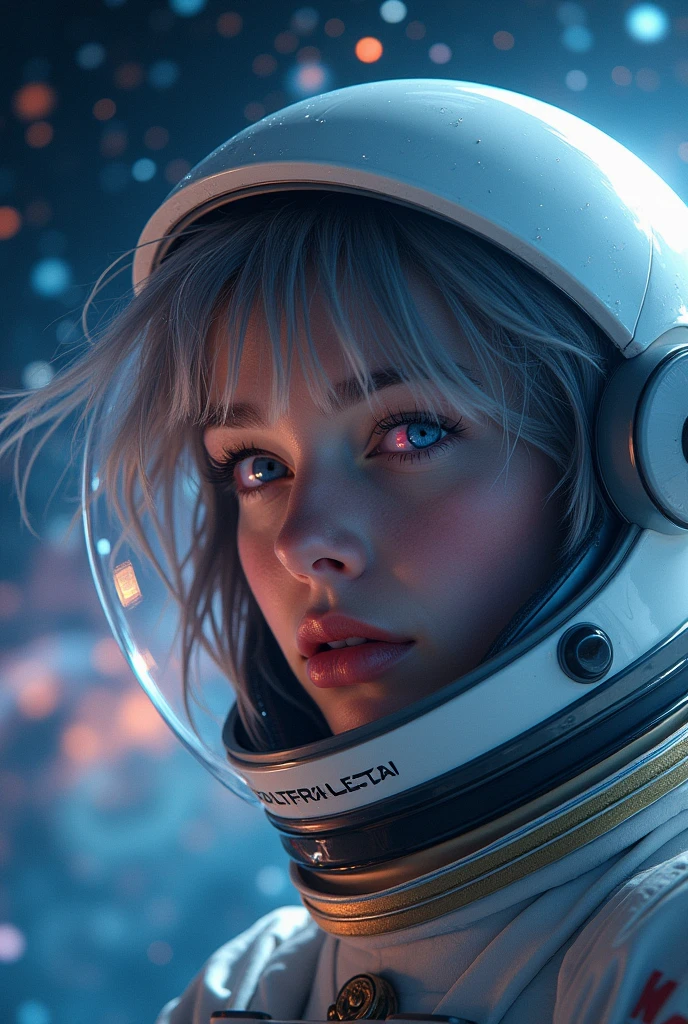 (Close-up of a better masterpiece:1.5)0.9], (Space and astronauts:1.2) (Messy silver hair:1.1) (Heterochromia xanthochromia and blue eyes:1.2) (Space Helmet:1.0) (Colored stars in the eyes:1.0) (A radiant glow:1.1) (thick lips:0.9)