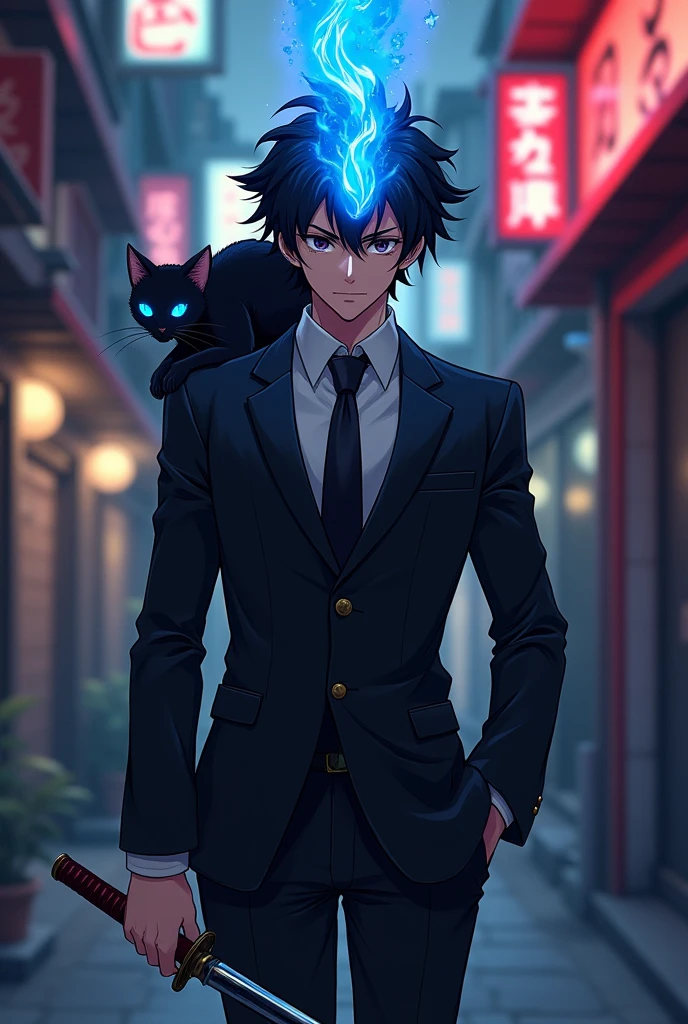 naughty man, mellow, com terno blackw, cabelos blackws curtos bagunçados, he uses a Japanese sword and has a cat(blackw) blue-eyed. On the FRONT of his forehead there is a blue flame. Make anime style 