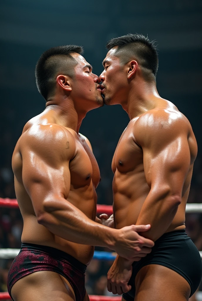 Asian male young pro wrestler A vs Asian male heel wrestler B in a ring fight。A is muscular and A with a buzz cut wearing short tights、Has a distressed expression、Body is drenched in sweat。B is a heel wrestler and muscular、Sweaty body、A with a buzz cut wearing short tights。B hugs A and kisses them.Fujifilm, look up, Heavy breathing,
