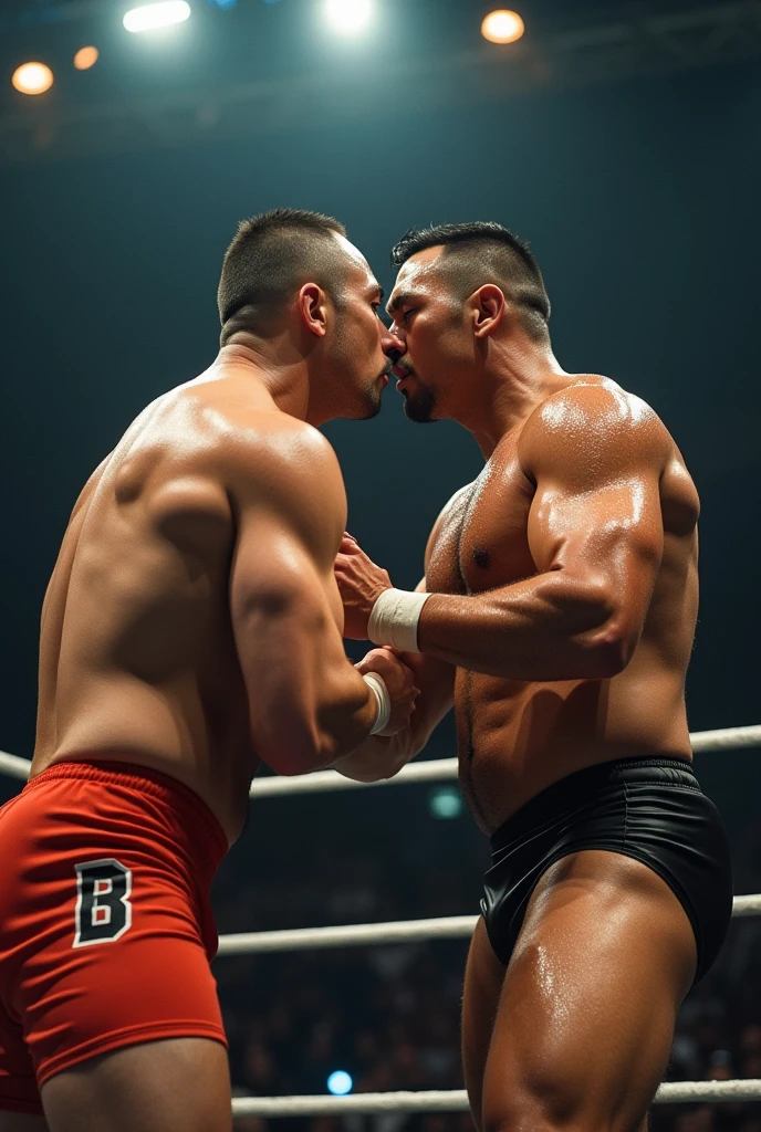 Asian male young pro wrestler A vs Asian male heel wrestler B in a ring fight。A is muscular and A with a buzz cut wearing short tights、Has a distressed expression、Body is drenched in sweat。B is a heel wrestler and muscular、Sweaty body、A with a buzz cut wearing short tights。B hugs A and kisses them.Fujifilm, look up, Heavy breathing,