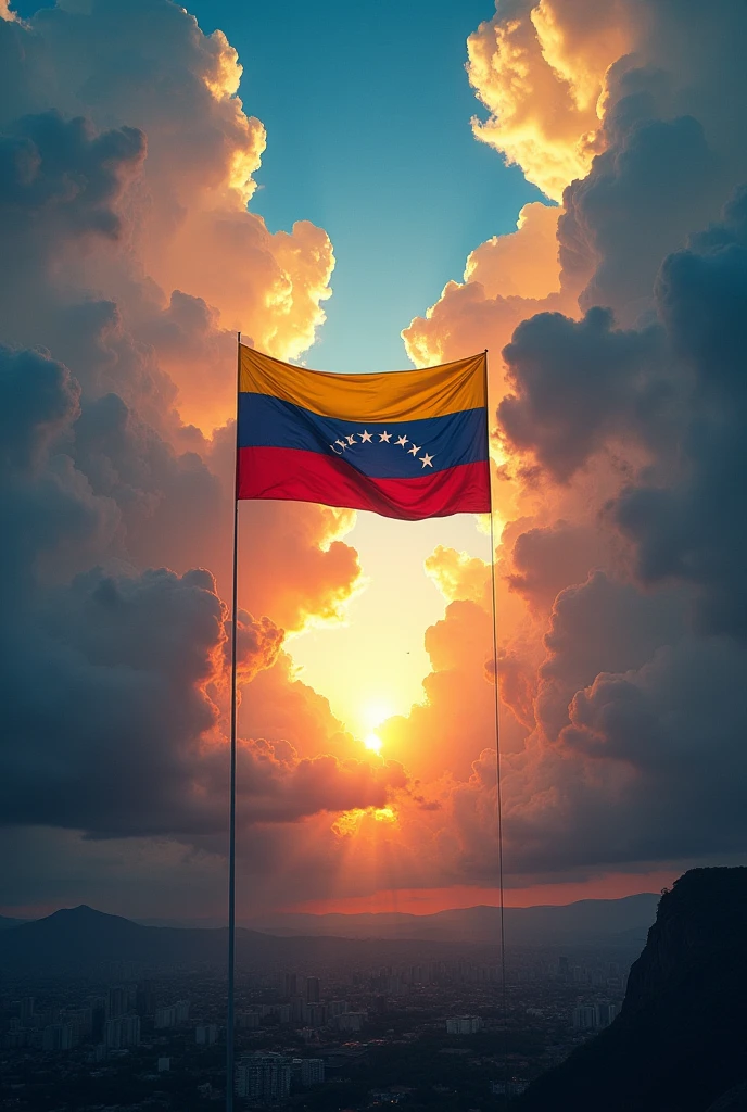 Create an image of the sky splitting in two, and when it's splitting, the flag of Venezuela appears.