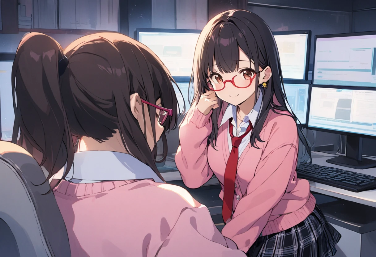 1girl, brown eyes are shining and cute, black hair, long hair, tareme, (red-rimless eyewear:1.2), star earrings, medium breasts, smile, blushful,
BREAK
(collared white shirt, pink cardigan, checked pleated skirt, red necktie), sleeves past wrists, (black tights:1.4), white sneakers,
BREAK
Focused on the screen, typing away on the keyboard, the glow of the computer monitor reflecting on their face as they work diligently on a task.
Staring at the computer, their expression shifts from concentration to frustration as the screen suddenly turns completely blue, signaling a technical issue.
BREAK
((best quality, high resolution)), (delicate illustration), (pastelcolor style illustration:0.4), (watercolor style illustration:0.4), ((beautiful:1.3)), (tegaki),(anime key visual),4k,Perfect Anatomy,