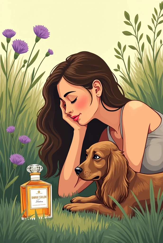 Minimalist illustration Woman with brown hair lying on the ground on her arm while looking at a bottle of perfume hidden in the grass with her brown cocker spaniel dog and purple flowers