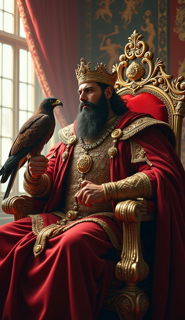 Imposing, strong and handsome emperor with European features and a thick beard wearing a crown and holding a scepter sitting on a throne with a falcon