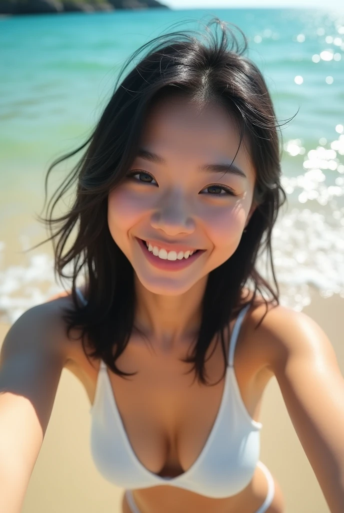 8K, (Hyper-reality: 1.35), (Realistic: 1.4), 1 beautiful Korean girl, smiling, solo. Light Makeup, Masterpiece, Top Quality, High Quality, Solo, No Panties, No Bra, Latin, Puberty, Only one girl, ((completely naked!)) ,((no bra, no panties)),((perfect body)),((top quality)),((ultrafine)),((extremely delicate and beautiful)),((extremely shallow depth of field)), nffsw,((incredibly shallow depth of field)). detailliert)), (((extremely delicate and beautiful)), (((very shallow depth of field))), nffsw, (((incredibly absurd))), (((perfect body))), (((black hair )))) ))), (((short cut hair))), (((okabo hair))), ((( Camera Eye)))), (((small ))), (((happy best smile))), poor tits, mea + background, dynamic angles, female focus, {light particles}, 细致背景, ((Paul Hedley)), soft lighting, (dramatic) sunset), sunset, very beautiful sunset, live action, realistic, top angle, cute smile, (blurred background), 18years old, skinny, ((wind)), ((movement)), ((emotion)), ((colorful)), (()), ((beautiful teeth)), wither, sea background