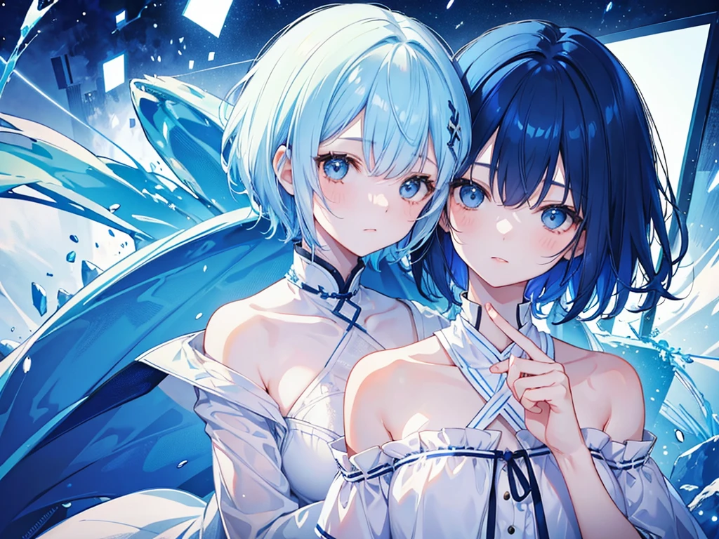 A short-haired girl with blue hair wearing a white dress。His face is shining。She has a cute gesture。