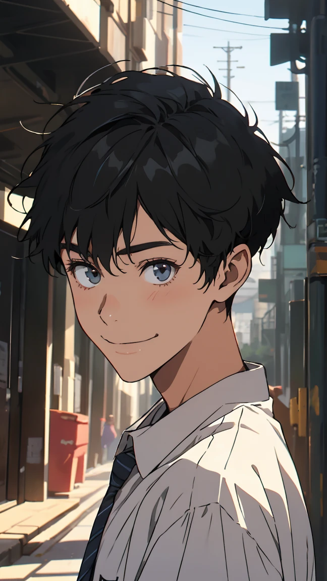 High school student, young man, teenager, kind and refreshing young man, smiling, honor student, wearing a white shirt, short black hair, short hair, center parted, 8k, high definition, front lighting, portrait, expressive, sharp focus, masterpiece