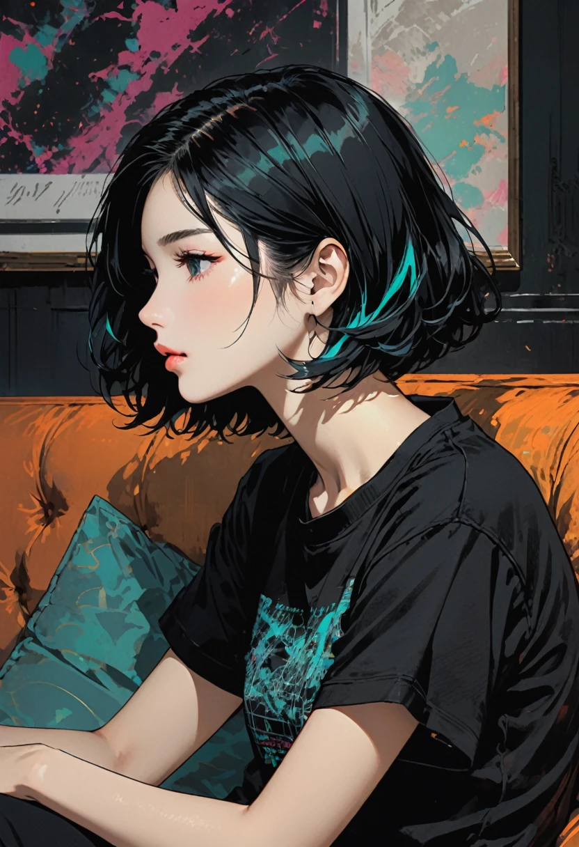 Highest quality, sketch:1.2),Realistic,Illustrator,anime,1 , Detailed lips,custom,Neon Hair,Texture Cropping,masterpiece, Style: Retro Classic, Dark Black、Breaking the photo、have、Sitting on the sofa、Black Hair、Large T-shirt、profile