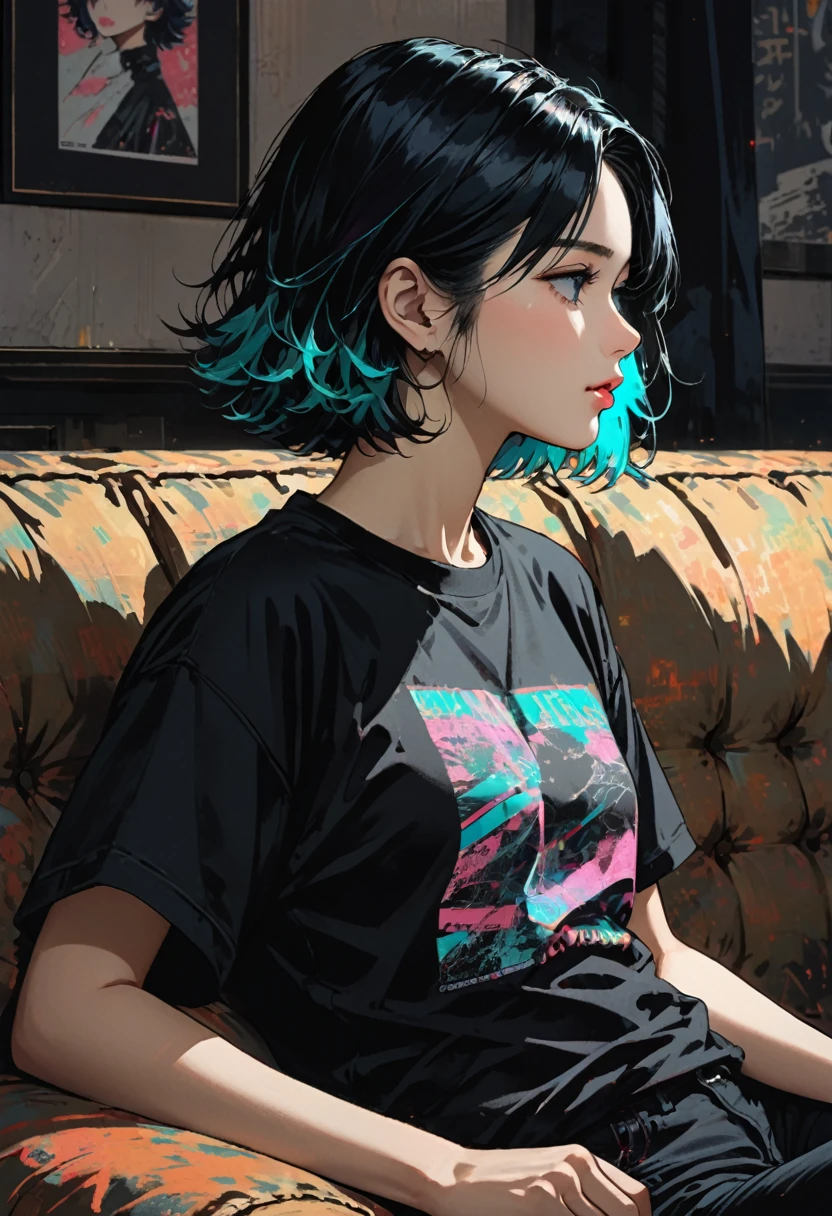 Highest quality, sketch:1.2),Realistic,Illustrator,anime,1 , Detailed lips,custom,Neon Hair,Texture Cropping,masterpiece, Style: Retro Classic, Dark Black、Breaking the photo、have、Sitting on the sofa、Black Hair、Large T-shirt、profile