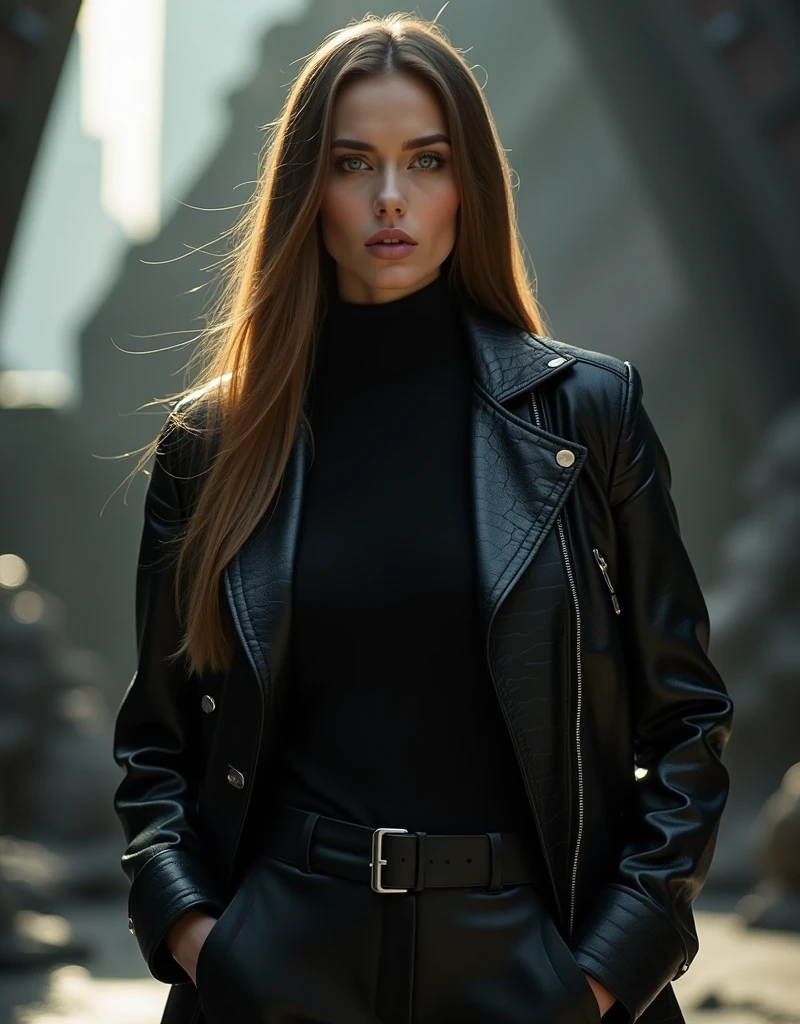 Very beautiful Slavic woman, pale skin, long light brown hair, long straight hair, black turtleneck, black crocodile jacket with unbuttoned buttons, Wide leather strap, Fashionable elegant pose from a fashion magazine, Sinister grin, gloomy atmosphere, Sun glare on the face, narrow pupils, Beautiful hands, wide shoulders, athletic , Futuristic, Brutal background, Photoshoot for a fashion magazine