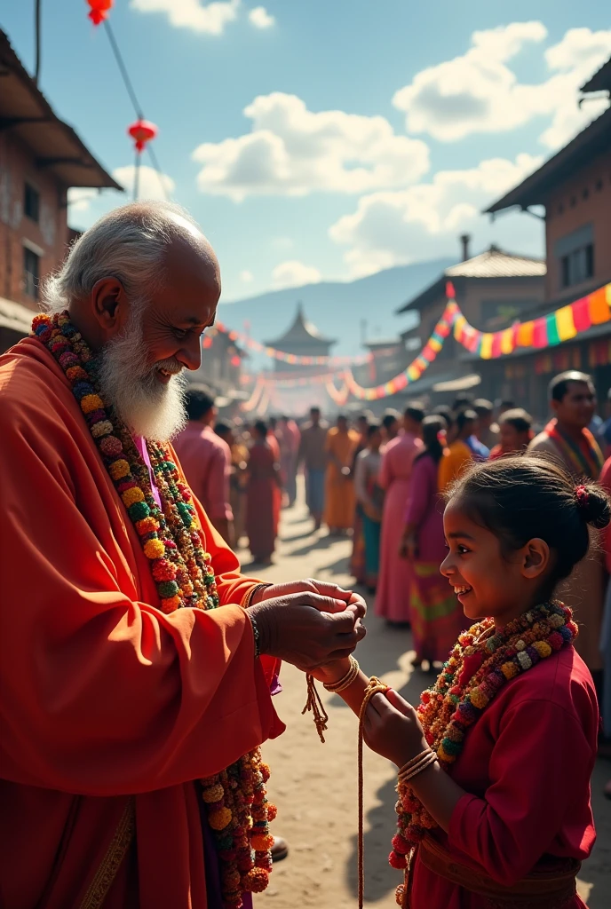 Janai Purnima celebration with priest tieing rope around wrist
