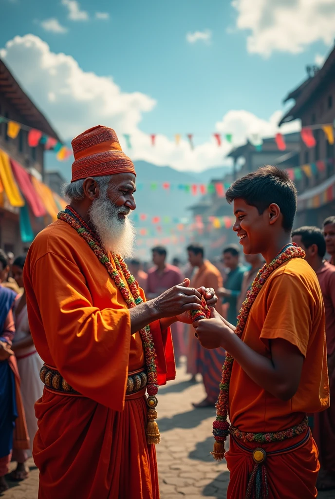 Photograph of a hindu Nepali father wearing Dhaka Topi and tika celebrating fathers day with their kids outdoor