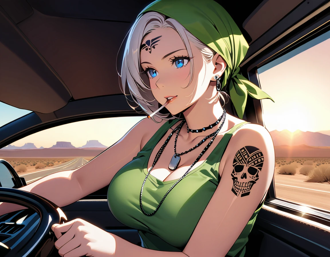 A shot from the side of the driver's seat, as a massive truck thunders through Arizona's white wilderness. A mature woman, exuding confidence and rugged charm, grips the wheel with one hand while giving a thumbs-up with her left hand stretched out from the left window. Her piercing blue eyes, narrowed by the strong sunlight, peer out from beneath mirrored sunglasses perched on her forehead. The arrogant glint of a cigarette dangles from her mouth as she commands the road. A Bandana adorns her forehead, featuring a white skull pirate mark on a black background, complemented by black tribal tattoos that cascade down her neck and shoulders. Her worn moss green tank top showcases her ample breasts, while a dog tag hangs around her neck. The truck's rugged body and flashy decorations are matched only by the beauty of the mature woman behind the wheel, with her striking features illuminated by the bright desert sun., masterpiece, incredibly absurd resolution, absolutely resolution, ultra high resolution,