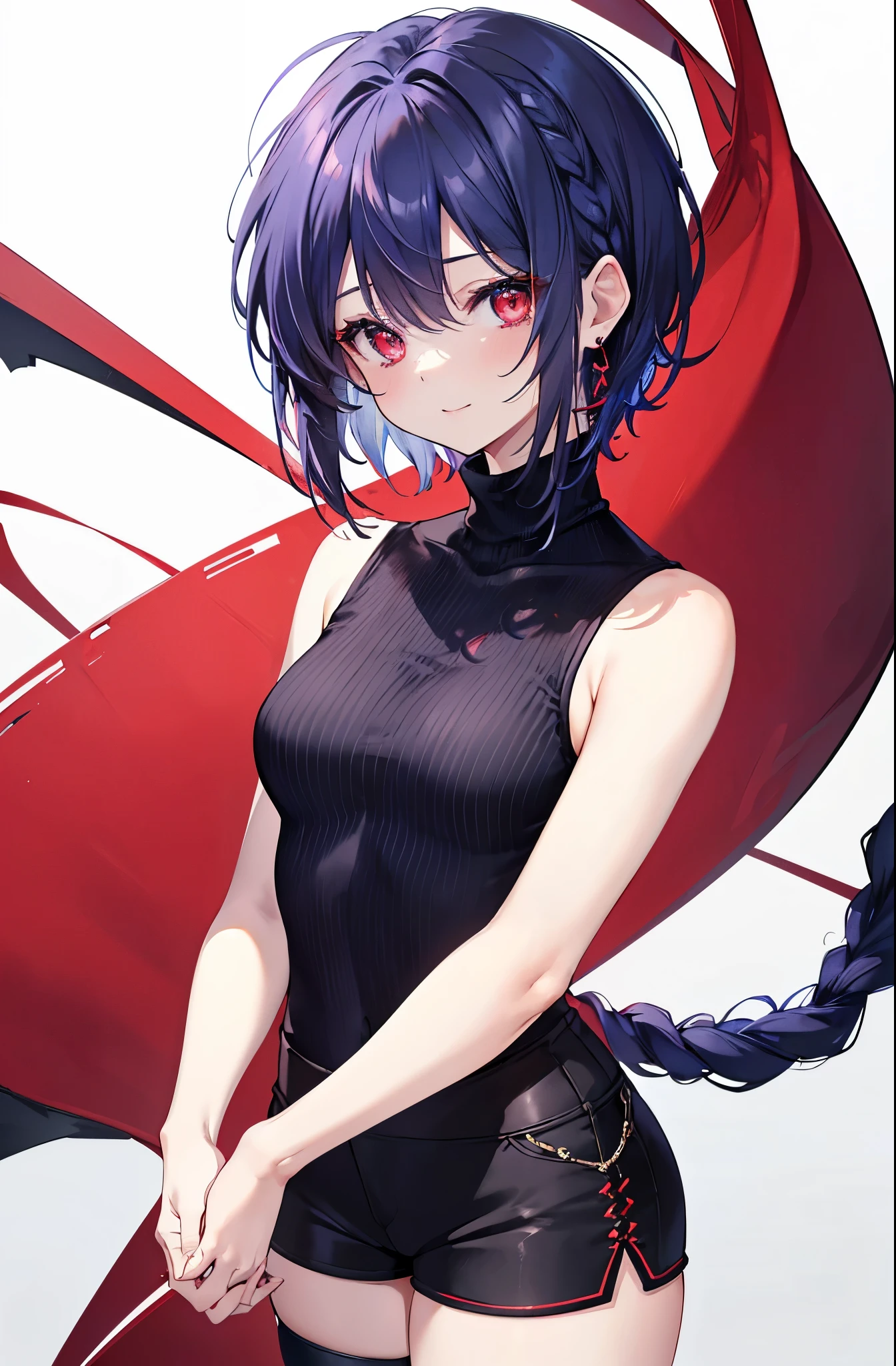 {{masterpiece}}, The best quality of life, 、((short indigo hair、Deep blue hair)Braided Hair) 、 Cute female, 、One woman、(((Crimson Eyes、Red eyes、Red　eyes)))、Expressionless adult woman、((White background))、small but well-shaped breasts,、(((Sleeveless with white high neck、Black short hot pants、Knee-high socks)))、smile、smile、Small earrings