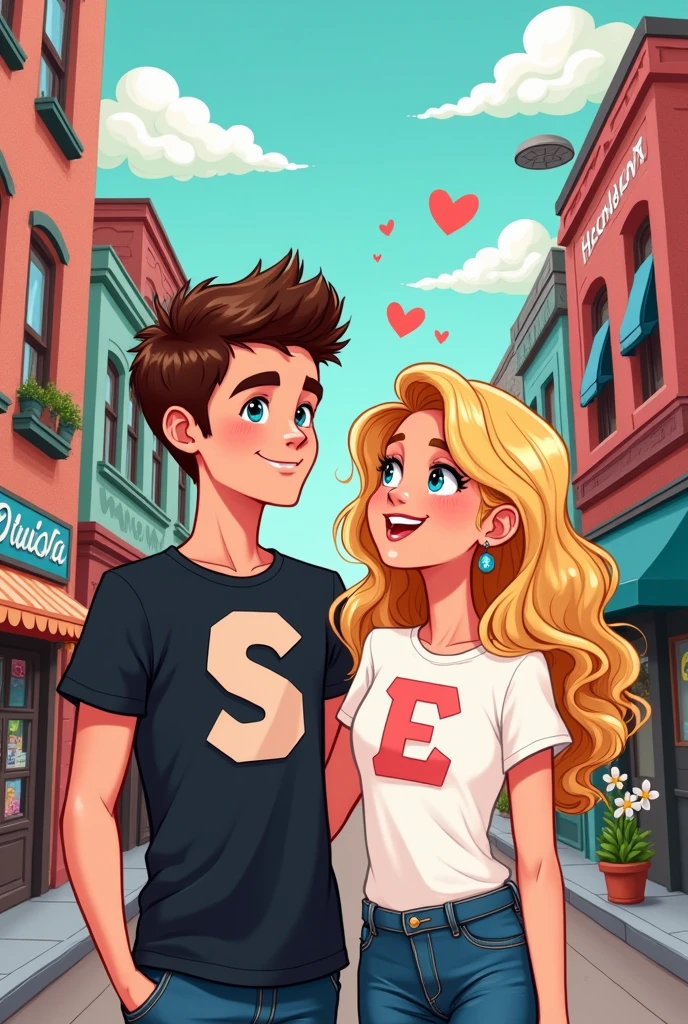Cartoon Bf gf cute picture and black white t-shirts boy t shirt name S and gril t shirt name E