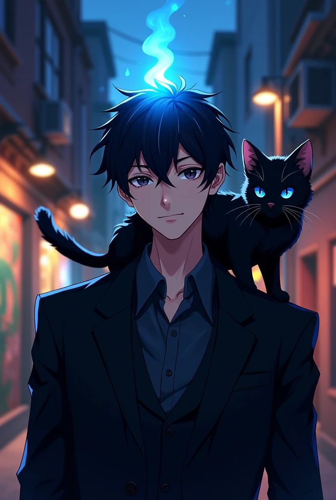 naughty man, mellow, com terno blackw, cabelos blackws curtos bagunçados, he uses a Japanese sword and has a cat(blackw) blue-eyed. On the FRONT of his forehead there is a blue flame. Make anime style. You got that last image right