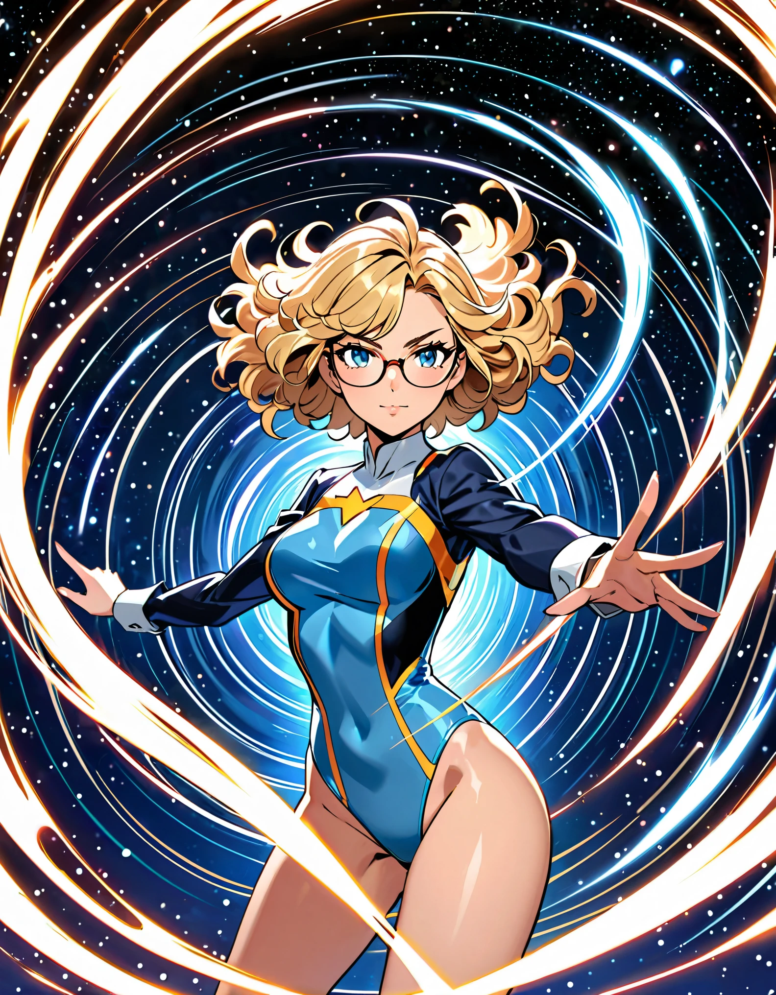 (masterpiece), (best quality), (high res), 1girl, finger proportions coordination, only five fingers, medium breasts, ((leotard, light blue leotard)), dark blue suit jacket, open jacket, white shirt, bare legs, glasses, black shoes, solo, single, rear view, full body shot, cowboy shot, superhero, beautiful detailed eyes, beautiful detailed face, blonde hair, (short hair), wavy hair, mature lady, teacher, perfect body, space backdrop, (fast spin, dynamic whirlpose, spins fast in place like a tornado, whirls fast in place like a tornado, tornado whirling, spiral lines around her, speed lines around her, spinning energy pulse around her, storm winds around her, whirls into a tornado, (she whirls) at (super speeds)). full body costume design. curved sword slash. she super-spins, whirlwind, light particles.