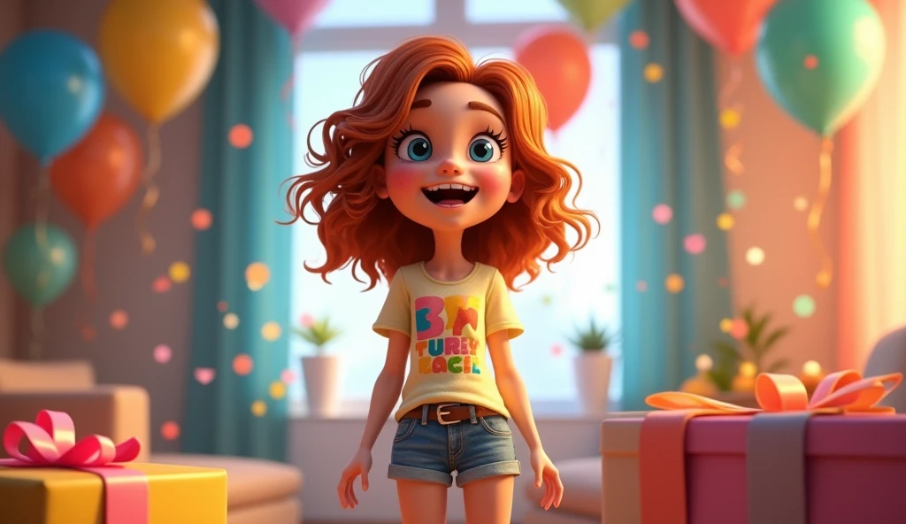 3d cinematic cartoon, a 18 year old girl , opened surprised gift