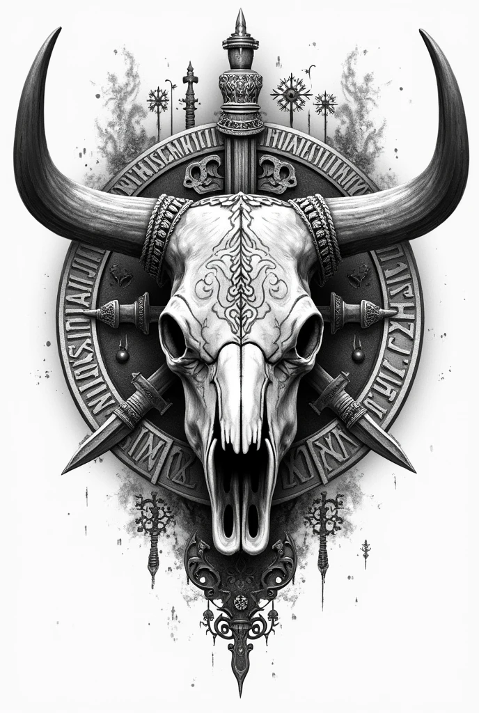 Create a black and white pointillism tattoo of a viking cow skull with a warrior's face in pointillism with runes and medieval war weapons in pointillism face