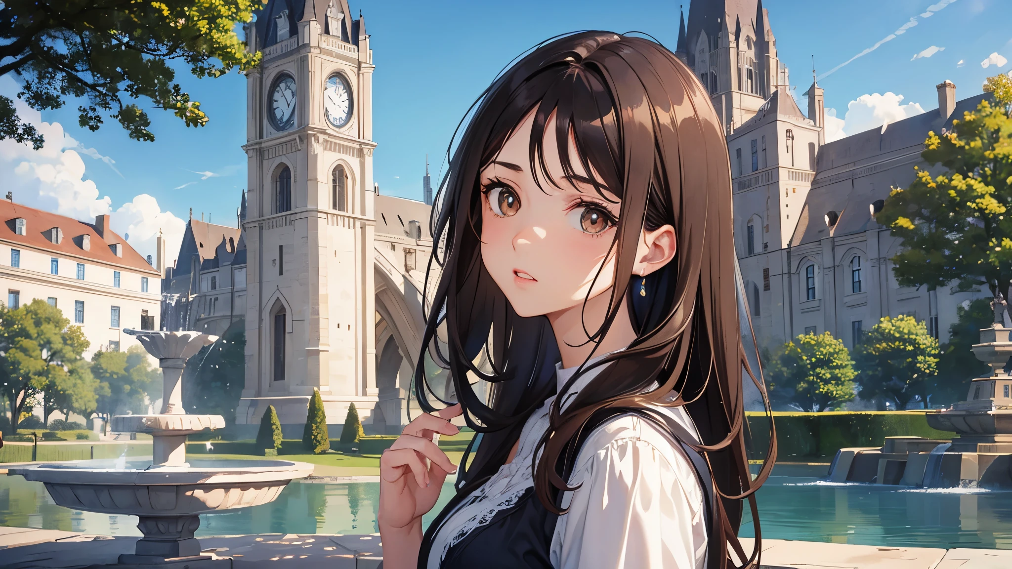 beautiful girl, Dark brown hair, Brown eyes, Fuller lips, Facial details, middle ages, at the fountain park, blue sky, Confused face, thought