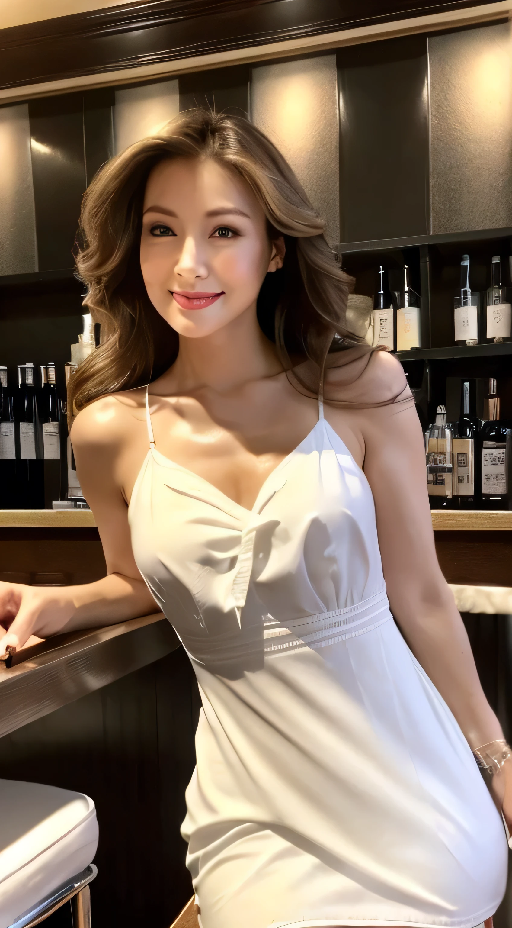 Beautiful detailed face、Pale skin、Realistic glowing skin、Detailed cloth texture、Detailed hair texture、Perfect body、Beautiful Face、correct、Anatomically correct、 Highly detailed face and skin texture、Natural neck length、(Beautiful Hands)、(Fair skin:1.2)、Thin legs、Thin legs、 Break Fine Eyes、Symmetrical eyes、Light brown eyes、double eyelid、Thin eyebrows、(Glossy Lips:1.4)、((Gentle smile:1.2))、(blush:1.1)、 BREAK (Classy and cute:1.3)、Medium-sized large breasts、(Slim body type:1.1)、Toned Abs、Beautiful clavicle、 (dark blonde、Wavy Hair、Long Hair:1.2)、 ((Asymmetrical bangs:1.2))、(Cowboy Shot:1.2)、((standing gracefully:1.6))、 ((wearing a white shirt mini dress:1.4)、((full figure supermodel standing, entire body in frame:1.6))((Sits on a bar chair by the counter in a seductive pose in a stylish bar at night:1.1))、
