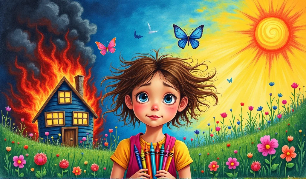 Like someone with a mental illness drew it、Drawn with crayons、A girl in the middle、A house on fire behind、Left is dark、Right is bright