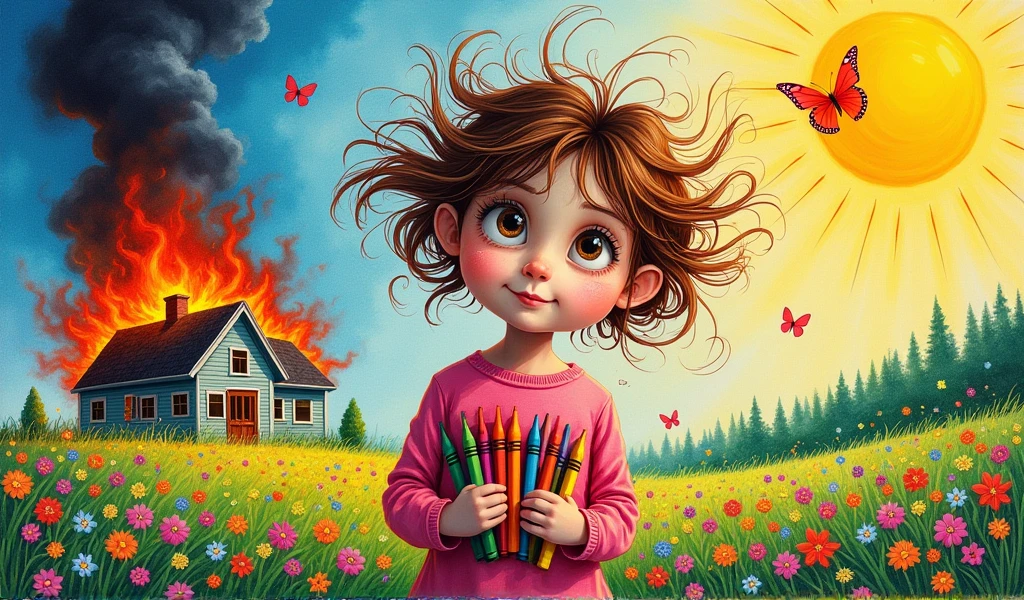 Like someone with a mental illness drew it、Drawn with crayons、A girl in the middle、A house on fire behind、Left is dark、Right is bright