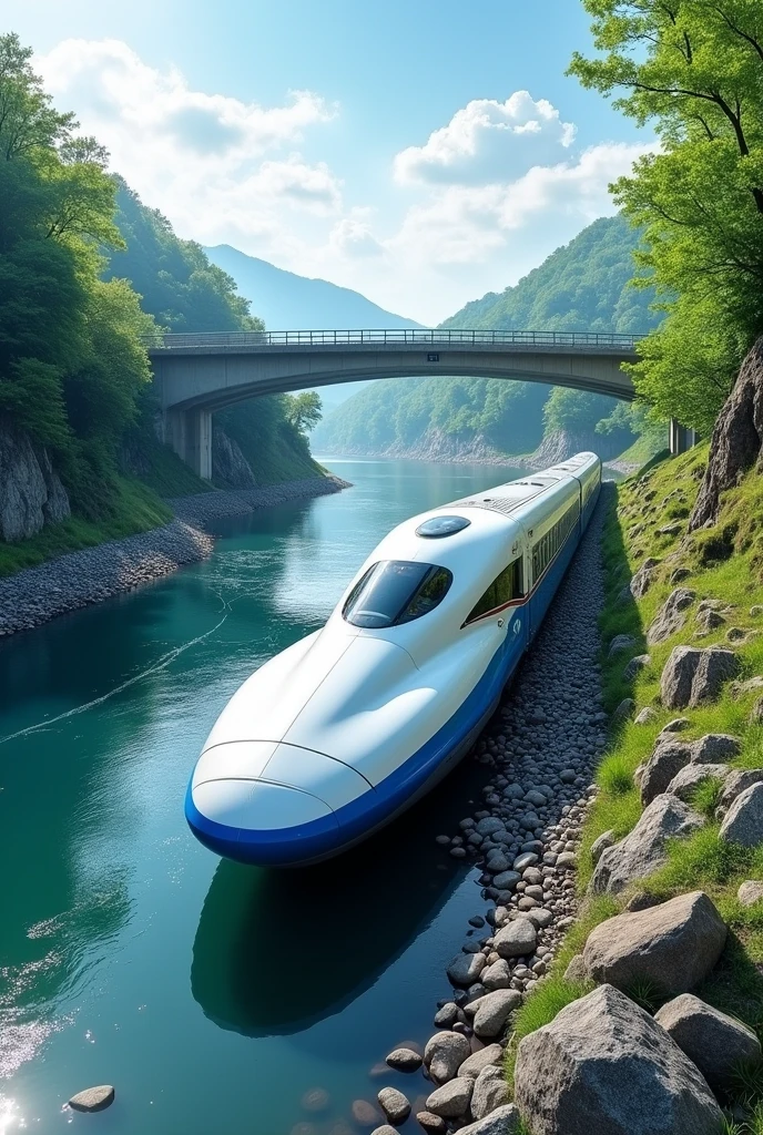 A Shinkansen facing the river from the front.
Embankment, riverbed, bridge