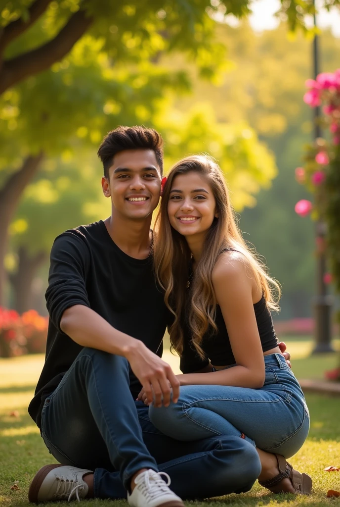 An 19 year old Indian school blonde girl wearing a school uniform is sitting on the lap of an 17 year old Indian boy wearing a black shirt and jeans in an Indian park. Both are looking directly at the camera. The atmosphere around is love realistic picture