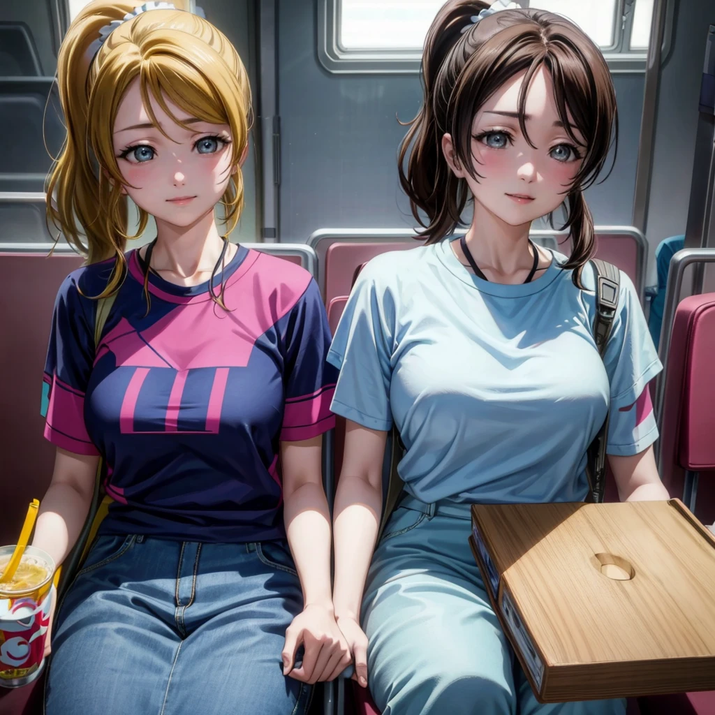 Korean female star photos, Uneven twin ponytails, Light makeup, Medium breast size, Smile, Colored T-shirts, on the bus, Clear facial features，Realistic details, Sony FE, 35 mm, Movie Lighting, High Detail, UHD, high quality, HD, 8K, 16K