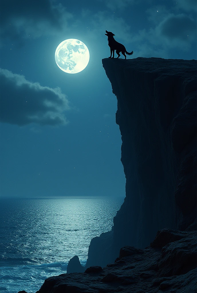 masterpiece, Highest quality,landscape、(The howl of a dog):1.2、cliff edge、moon、moon光、Dynamic Angle、